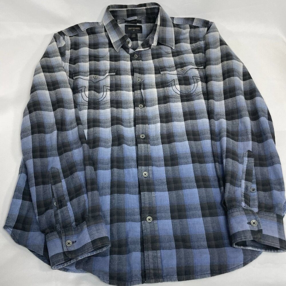 True Religion Mens Shirt Size L Large Slim Fit Long Sleeve Button Up Cotton